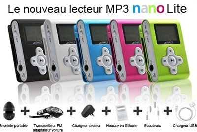 Lecteur MP3 Nano Lite 4Go écran LCD, mini-enceinte et transmetteur FM à 29,90 €
